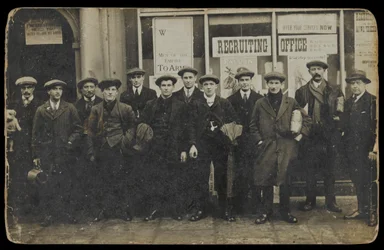 Civilian Recruits Standing Outside an Unidentified Recruiting Office, c.1915